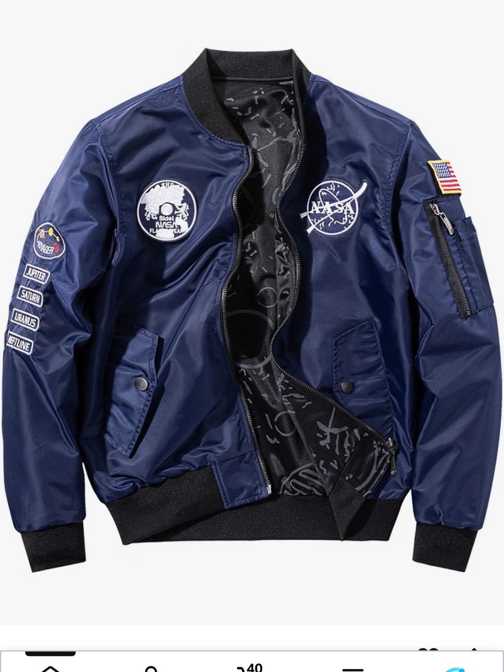 NASA Sidel Planetwear Reversible bomber Flight jacket size large Zip Up